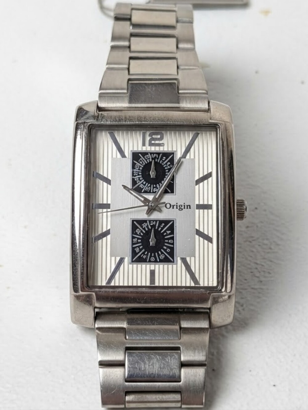 Origin Rectangular Tank Dual Dial Stainless Steel Watch Silver